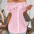 Women's Solid Color Off-Shoulder Ruffled Blouse - Waist Button-Down Shirt For Vacation & Daily Wear Lady T Fashions