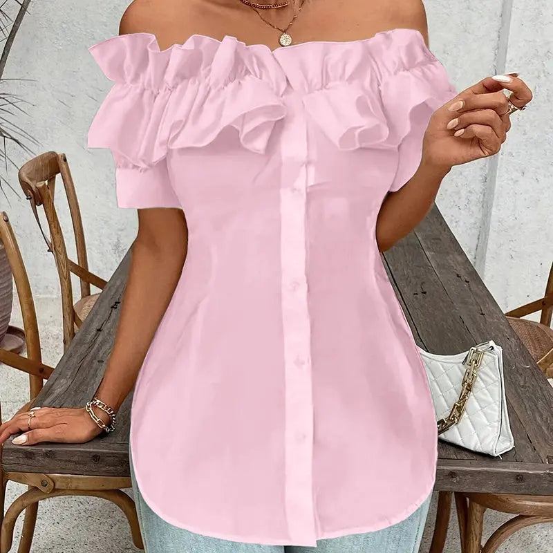 Women's Solid Color Off-Shoulder Ruffled Blouse - Waist Button-Down Shirt For Vacation & Daily Wear Lady T Fashions