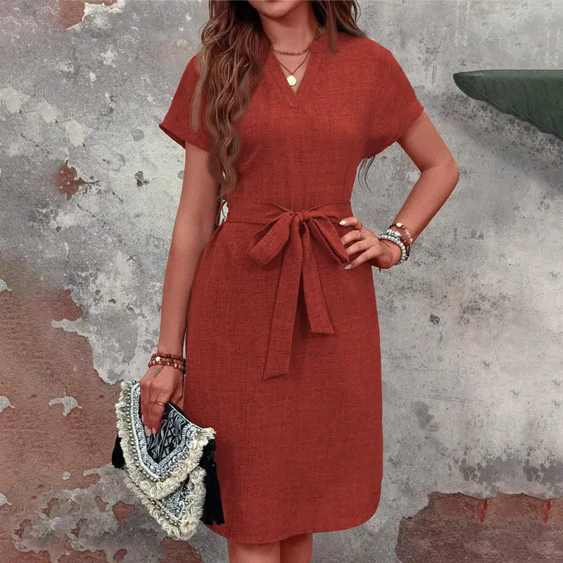 Women's Elegant V Neck Short Sleeve High Waist Summer Casual Dress With Belt Lady T Fashions