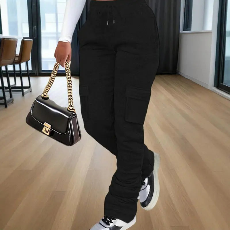 Women's Solid Color Straight Leg Pants - Stretchy Drawstring Waist With Dual Pockets Casual Trousers For Spring&Fall Lady T Fashions