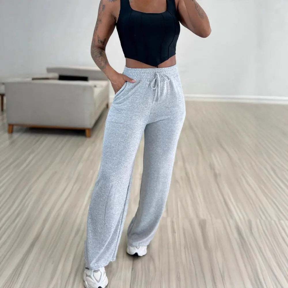 Solid Color High Waist Lace-up Elastic Waist Trimming Casual Trousers Lady T Fashions