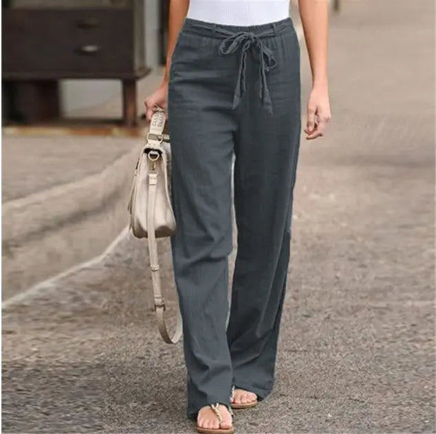 Casual Pants Solid Color Lace-Up Casual Loose Straight Trousers Lady T Fashions