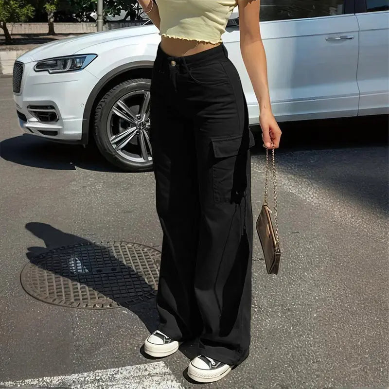 Women's Solid Color Wide Leg Pants With 4 Pockets - Button & Zip Front Casual Trousers For Spring&Fall Lady T Fashions