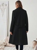 Flat Collar Solid Color Pocket With Belt Long Sleeve Autumn Winter Coat Jacket Lady T Fashions