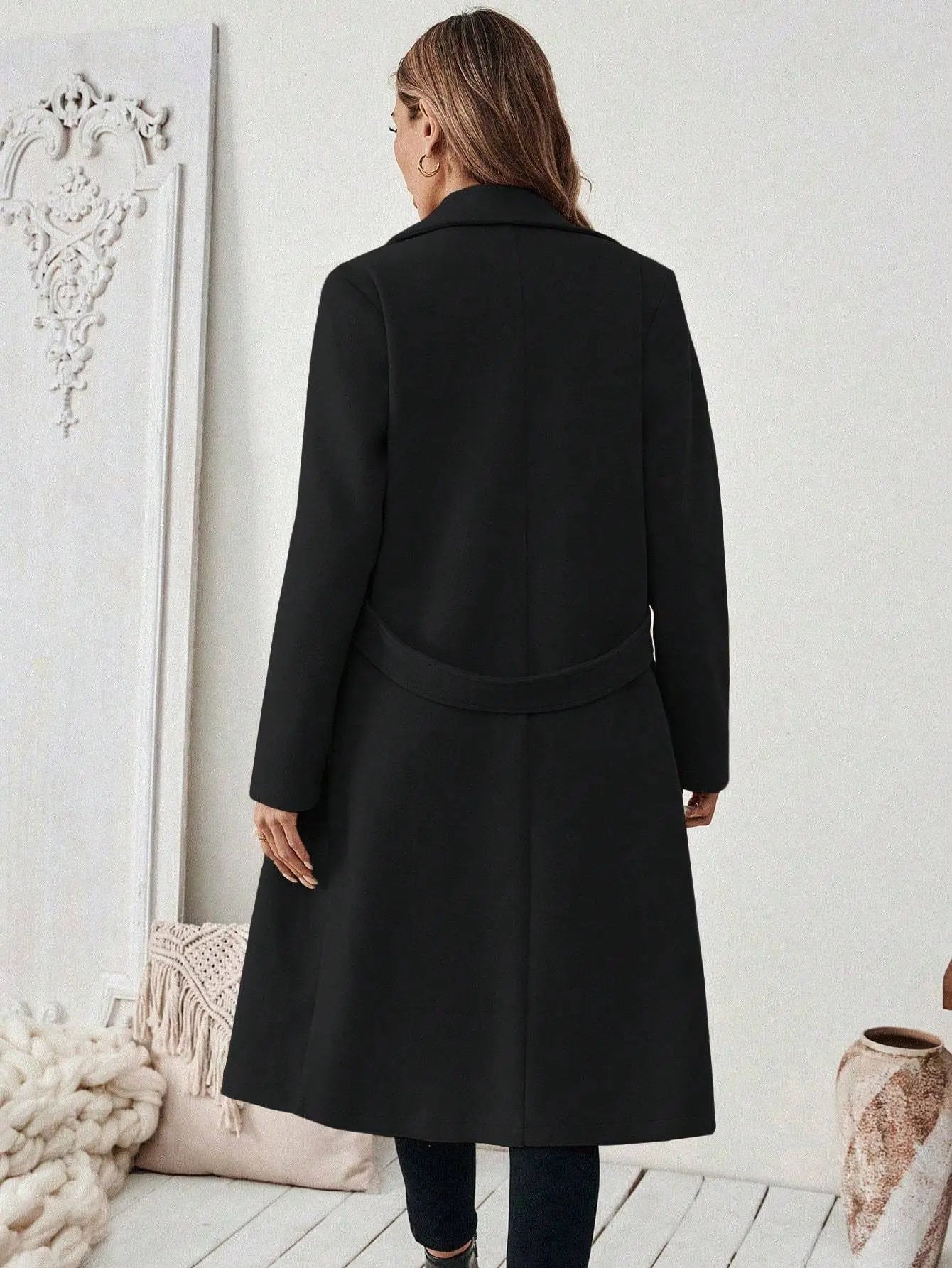 Flat Collar Solid Color Pocket With Belt Long Sleeve Autumn Winter Coat Jacket Lady T Fashions