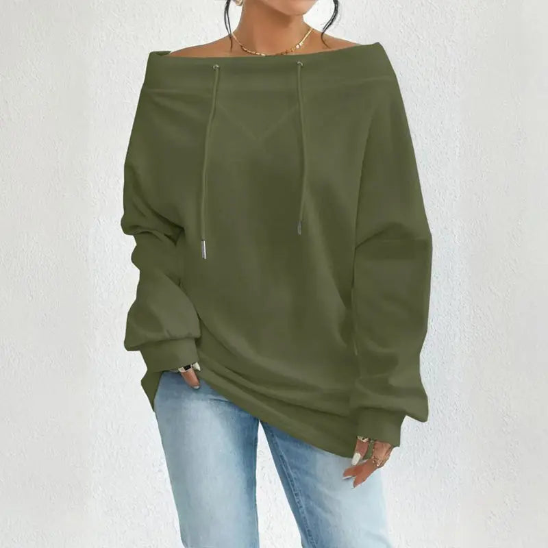 Plus Size Women's Solid Color Off-Shoulder Long Sleeve Pullover With Drawstring - Casual Ribbed Detail Top For Spring&Fall Lady T Fashions