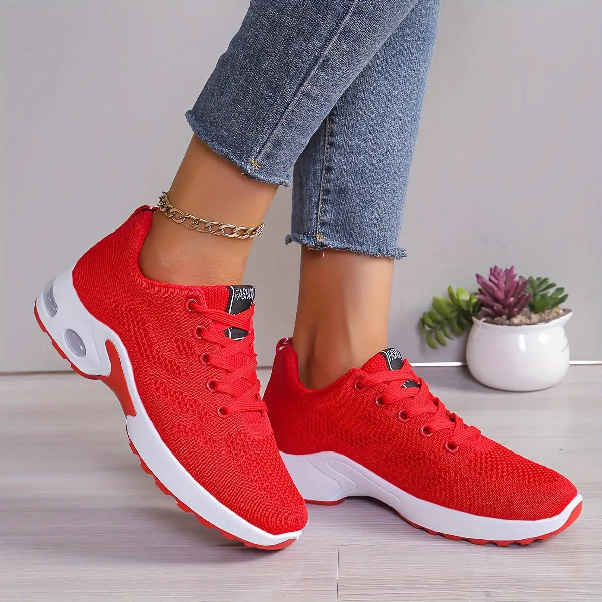 Plus Size Women's Comfortable Air Cushion Low Top Running Sneakers, Lace Up Knitted Outdoor Athletic Shoes Lady T Fashions