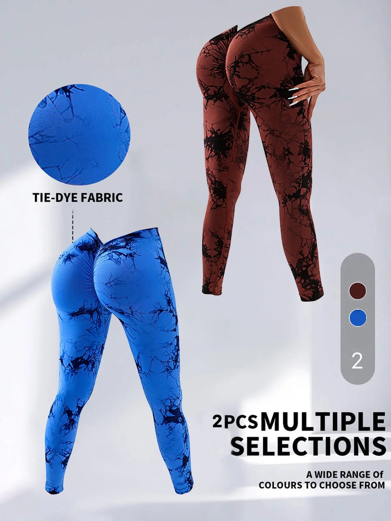 2 Pack Tie-Dye High Waist V-Back Yoga Leggings, Peach-Hip Enhancing Athleisure Tights, Sport Style Fitness Pants Lady T Fashions
