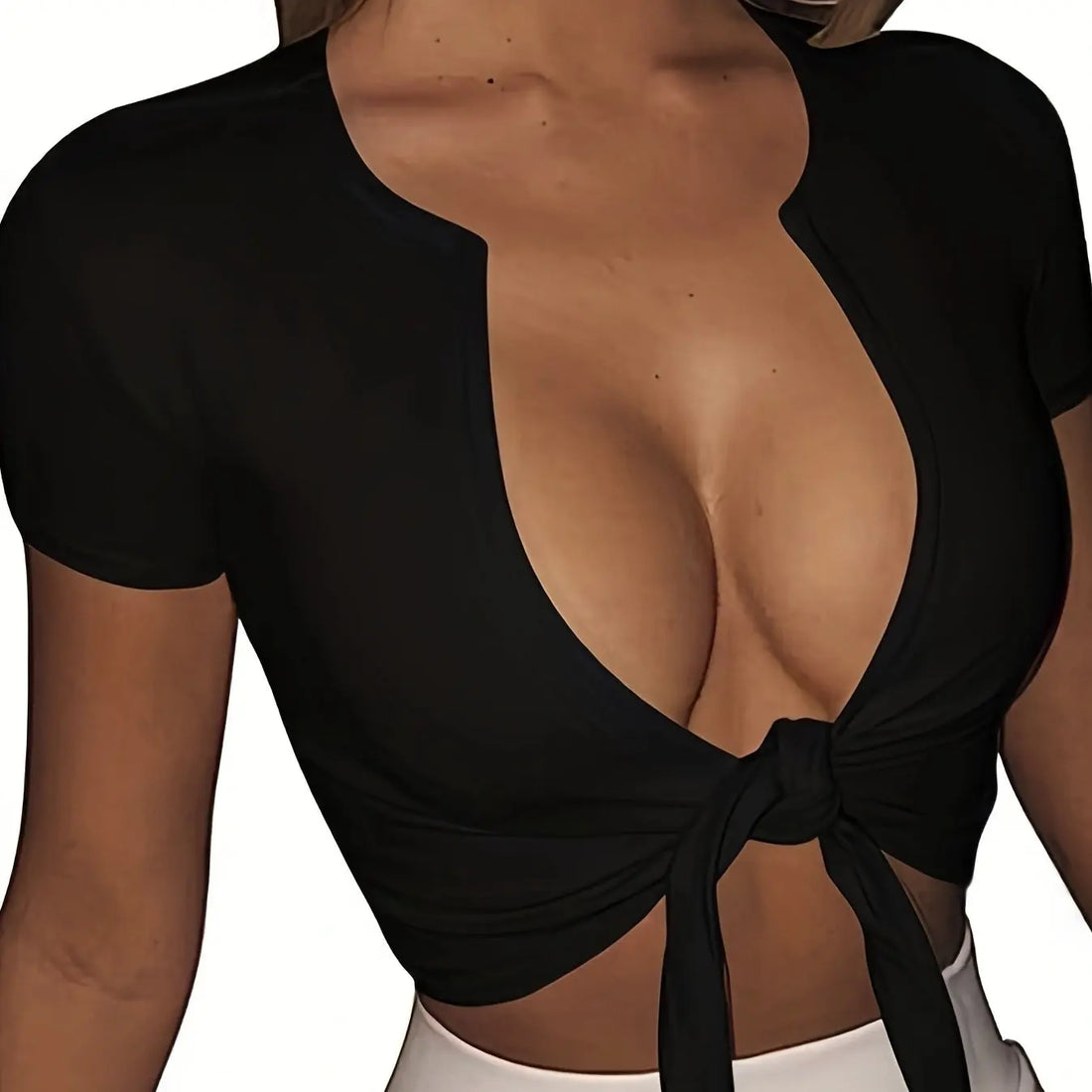 Ladies' New Casual Vacation Style Solid Color Chest Tie Fashion T-shirt Lady T Fashions