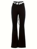 Long Length Solid Criss Cross Flare Leggings - High Waist Fitted, Elastic Waist, Mid Elasticity, Cross Strap, Sheer, Machine Washable - Perfect for Weekend Casual, Fall Season, Young Women Lady T Fashions
