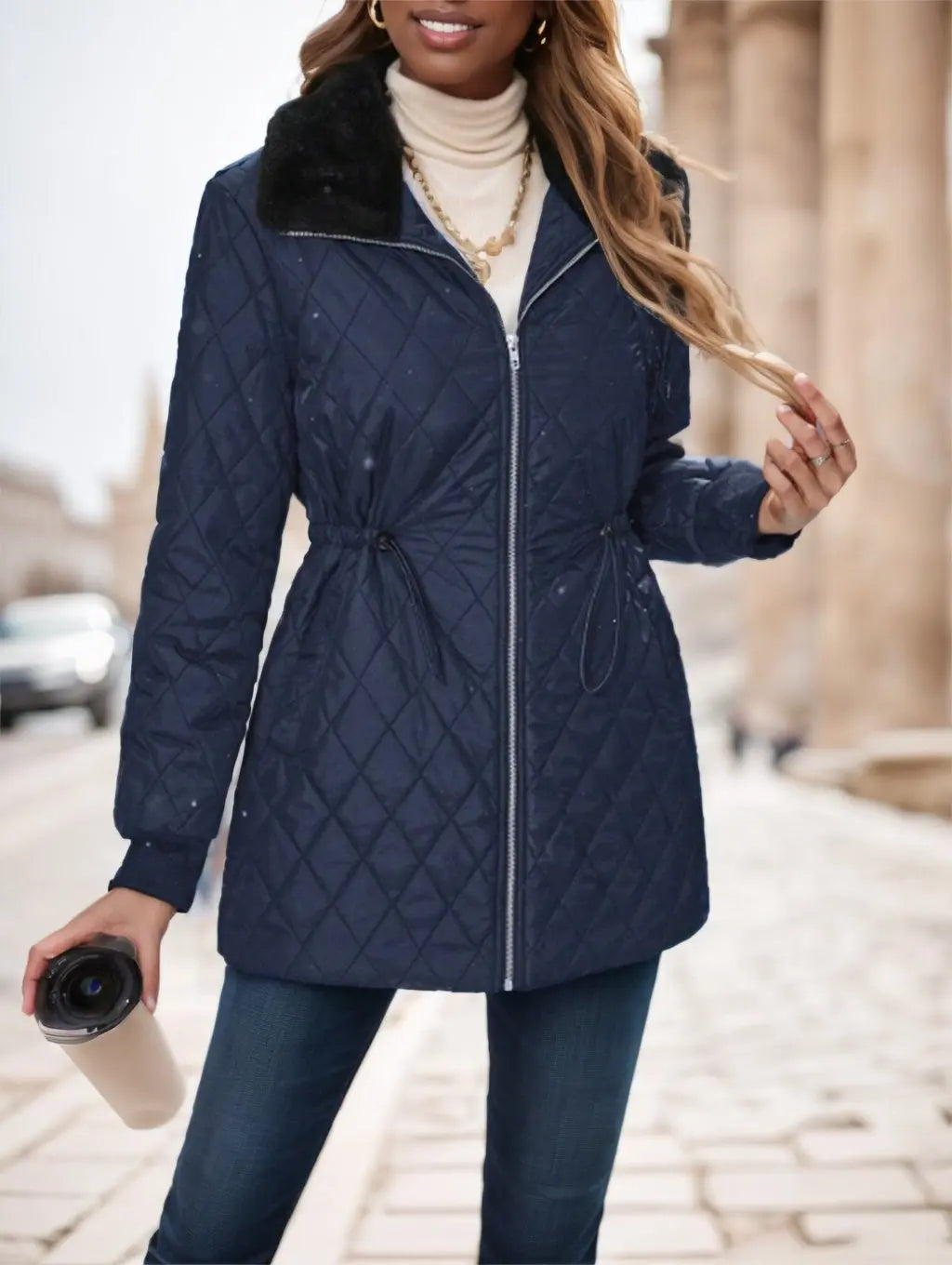 Casual Winter Clothes Contrast-Color Fur Collar Drawstring Waist Padded Padded Coat Lady T Fashions
