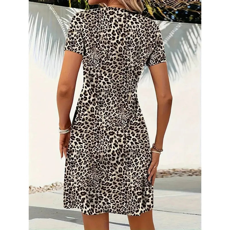 Women's Vibrant Leopard Print Twist Front V Neck Casual Summer Short Sleeve Bodycon Mini Dresses Lady T Fashions