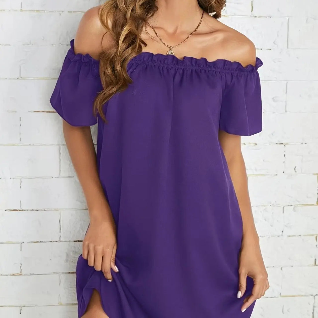 Ladies' Fashion Off Shoulder Ruffle Solid Color Decorative One Shoulder Casual Dress Lady T Fashions