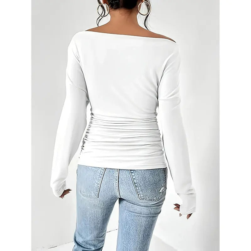 Women's Off The Shoulder Tops Long Sleeve T Shirts Going Out Tops Casual Trendy Ruched Slim Fitted Tees Lady T Fashions