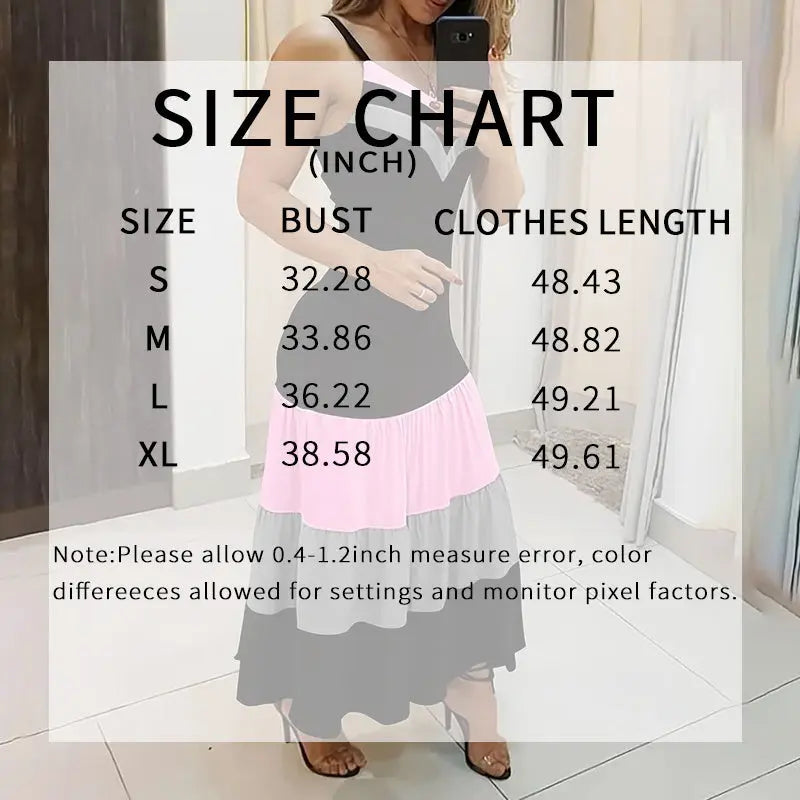 Women's Summer Casual Sleeveless V Neck Color Block Spaghetti Strap Maxi Long Dress Lady T Fashions