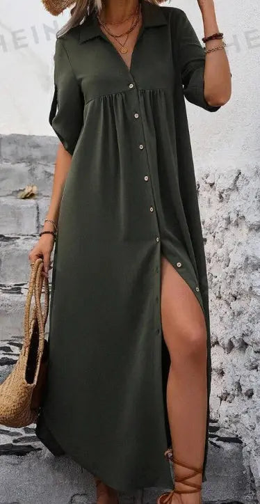 Women's Solid Color Roll-Up Sleeve Long Shirt Dress With Front Buttons, Holiday Leisure Style Lady T Fashions