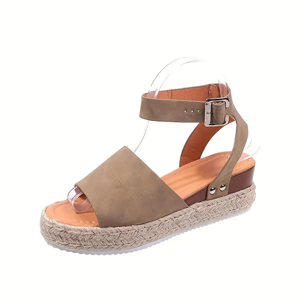 Mid Heel Platform Espadrille Sandals - Buckle Ankle Strap, Open Toe, Lightweight, Non Slip, Faux Leather Upper, PU Sole, Comfortable, Casual, Solid Color, Summer Shoes for Women Lady T Fashions