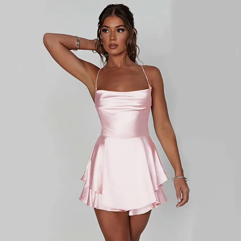 Sexy Suspender Skirt For Women Elegant Slim Strap Satin Backless Lace Up A-Line Short Dress Lady Lady T Fashions