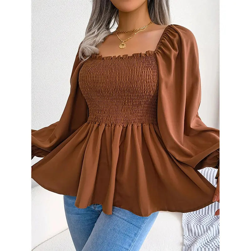 Women's Peplum Tops Square Neck Ruffle Trim Long Sleeve Blouse Smocked Top Dressy Casual Shirts Lady T Fashions