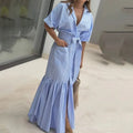 Women's Summer Casual Striped Button Down Maxi Dress Tie Waist Short Sleeve Shirt Dress With Pockets Lady T Fashions