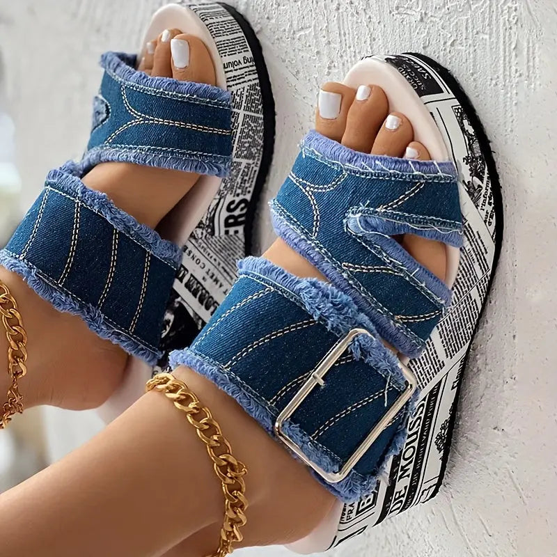 Women's Letter Print & Denim Canvas Sandals, Slip-on Buckle Wedge Heel Shoes, Fashion & Summer Women's Shoes Lady T Fashions