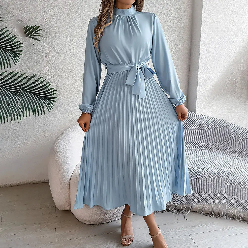 Elegant High Neck Long Sleeve Pleated Maxi Dress - Solid Color Flowy Dress For Women, Casual To Formal Wear Lady T Fashions