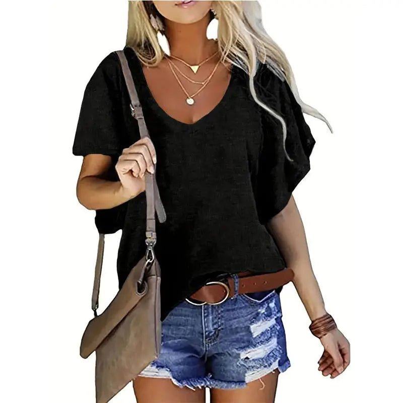 Women's Solid Color V-Neck Short Sleeve T-Shirt - Basic Summer Casual Top Lady T Fashions