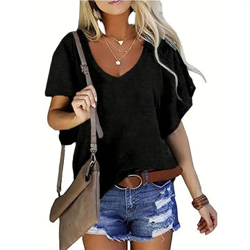 Women's Solid Color V-Neck Short Sleeve T-Shirt - Basic Summer Casual Top Lady T Fashions