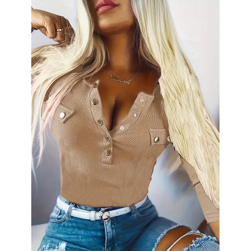 Womens Long Sleeves Ribbed Knit Tunic Shirts Scoop Neck Button-Up Tops Slim Fit Blouses Lady T Fashions