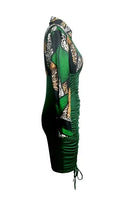 Women's Printed Waist Cinching Drawstring Pleated Hip Hugging Dress Lady T Fashions