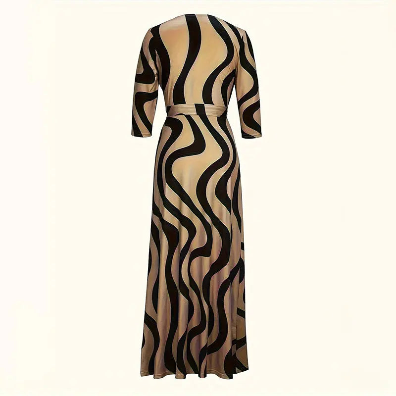 Women's V-Neck Elegant Half-Sleeve Belted Waist Print Maxi Dress For Spring&Summer Dress Lady T Fashions