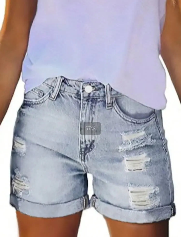 Womens Mid-High Rise Ripped Jean Shorts Distressed Stretchy Denim Shorts Lady T Fashions