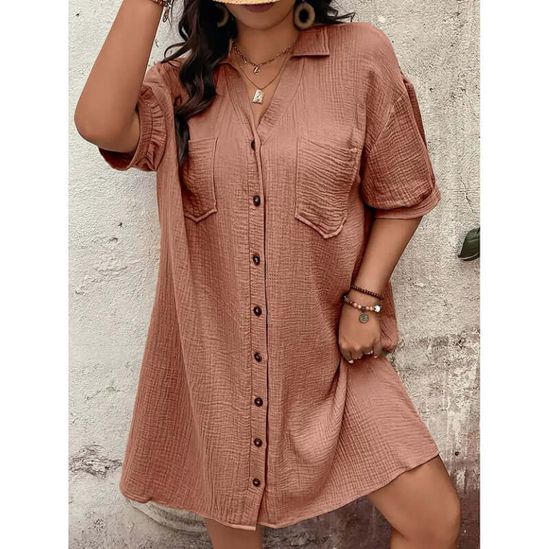 Womens Cotton Shirt Dress Summer Casual Short Sleeve Button Down V Neck Loose Mini Dress With Pockets Lady T Fashions