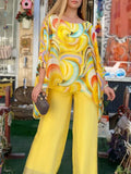Summer New Colorful Chiffon Suit Casual Round Neck Printed Two-piece Suit Lady T Fashions