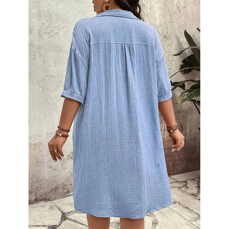 Womens Cotton Shirt Dress Summer Casual Short Sleeve Button Down V Neck Loose Mini Dress With Pockets Lady T Fashions
