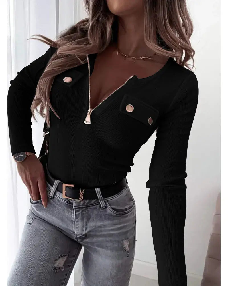 Knitted Slim-fit Long-sleeved Pullover Zipper Top Lady T Fashions