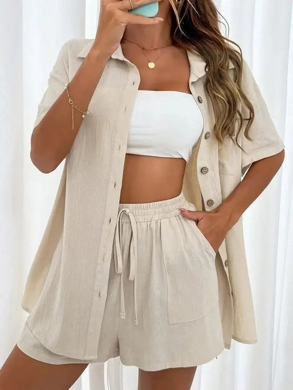Women's Fashion Shorts Two Pieces Solid Color Shirt Suit Lady T Fashions
