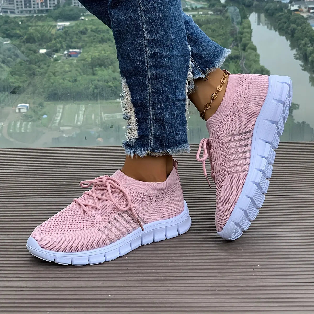 Women's Mesh Breathable Running Shoes, Solid Color Lace Up Front Summer Walking Shoes, Flying Woven Casual Sneakers Lady T Fashions
