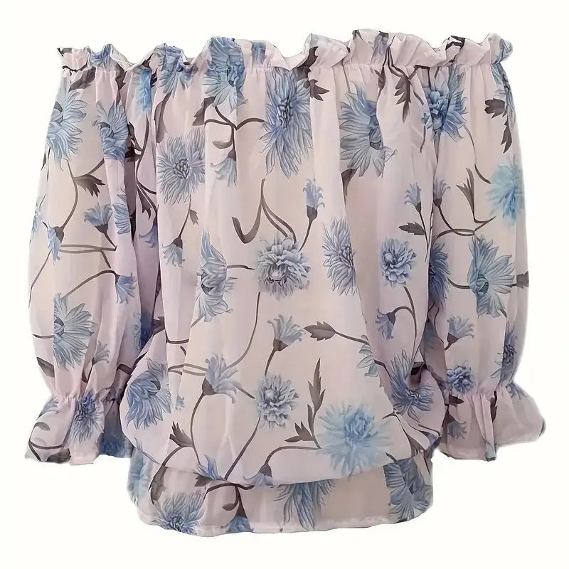 Womens Summer Off Shoulder Blouse Floral Print Ruffle Sleeve Casual Chiffon Tops Shirts Lady T Fashions