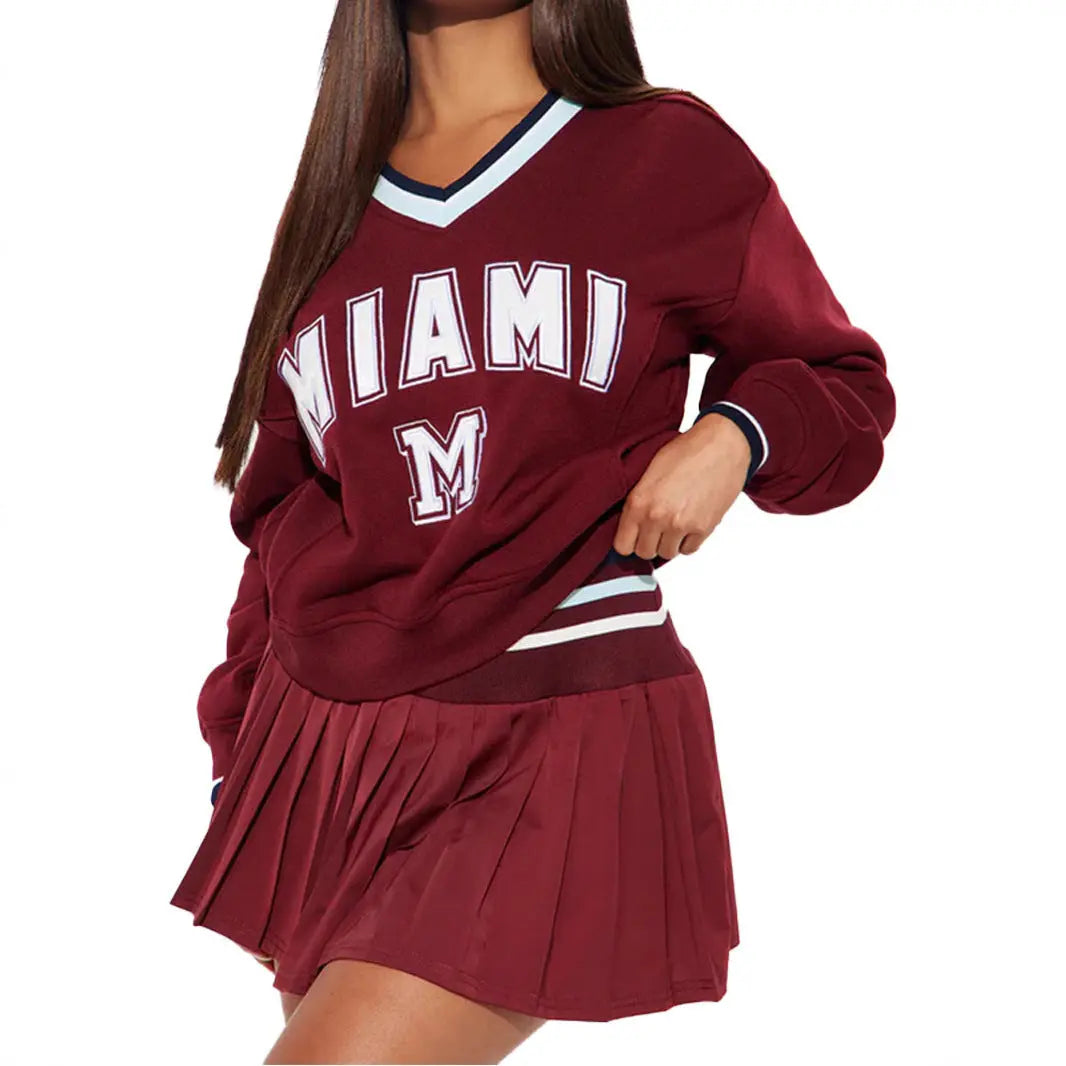 Letter Printed V-neck Long-sleeved Sweater Elastic Pleated Skirt Suit Lady T Fashions