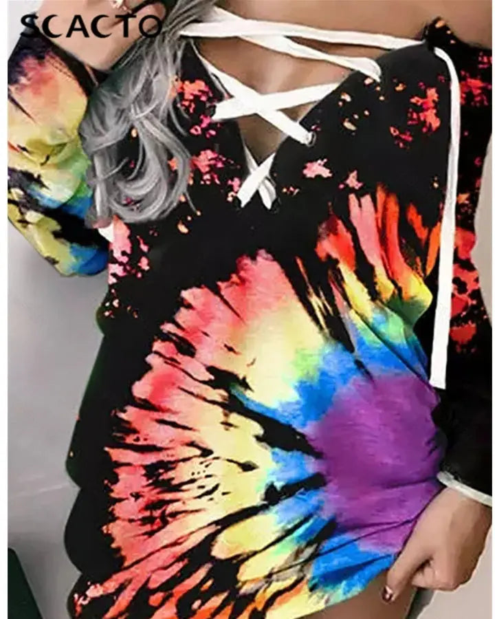 Women's Printed Off-shoulder Corns Lace-up Long Sleeve Top Lady T Fashions