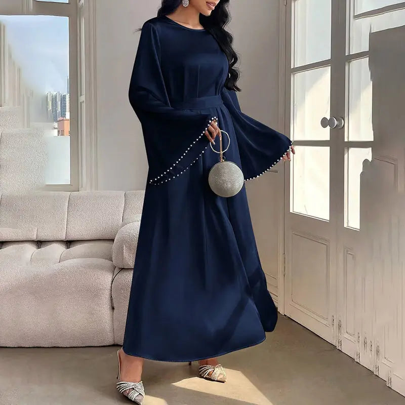 Elegant Round Neck Solid Color Flared Maxi Dress Long Sleeve With Pearl Cuff Detail, Modest A-Line Middle Eastern Abaya Party & Vacation Dress For Women Lady T Fashions