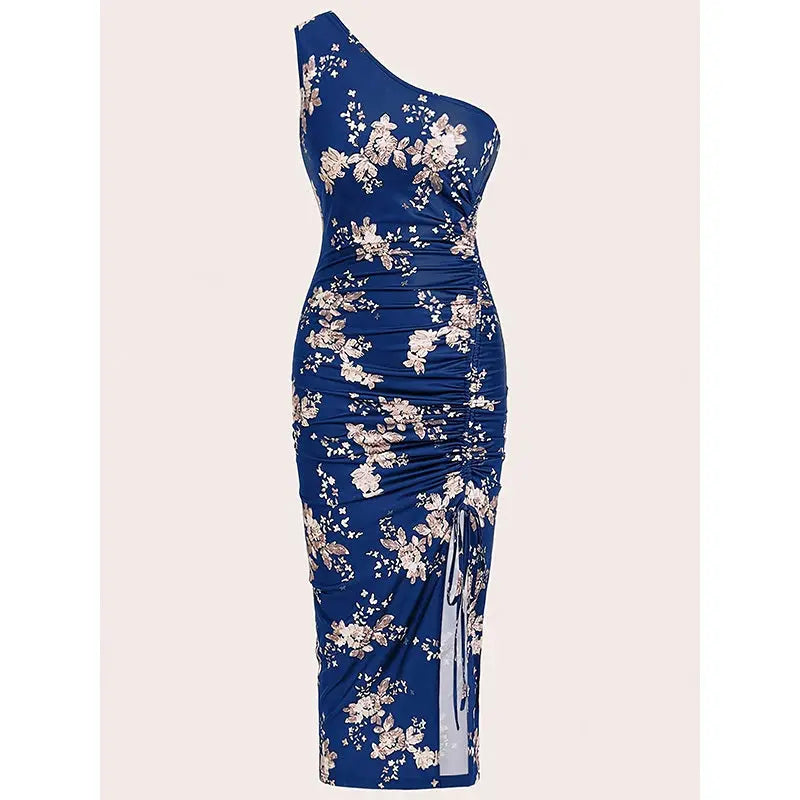Women's One Shoulder Bodycon Dresses Summer 2025 Ruched High Split Floral Beach Cocktail Wedding Guest Dress Lady T Fashions