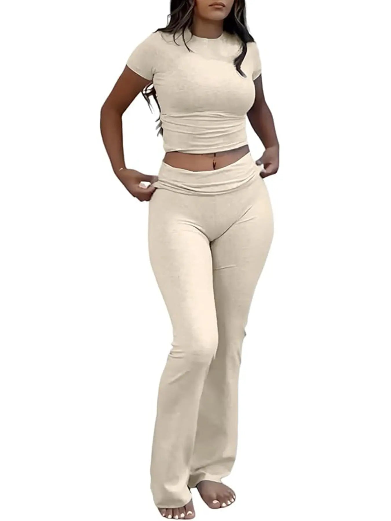 Casual Solid Color Slim Fit Two-piece Pants Set, Short Sleeved Round Neck T-shirt And Tight Flared Pants Sports Pants Clothing, Women's Clothing Lady T Fashions
