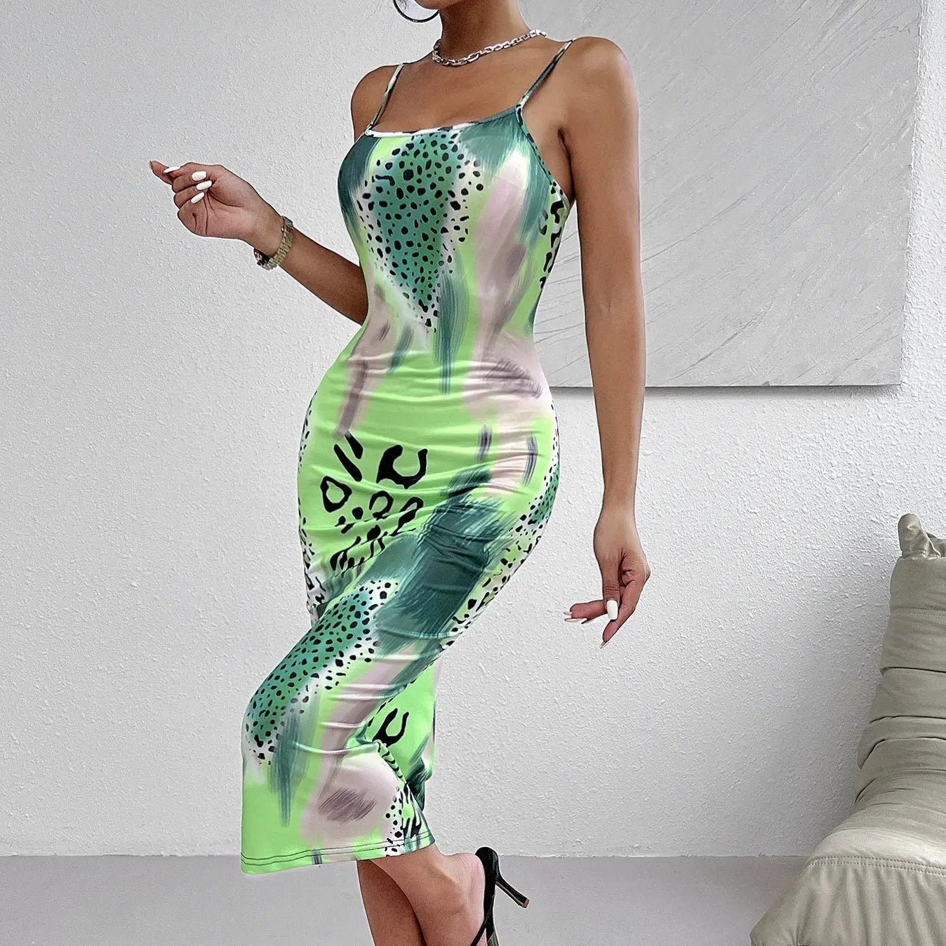 Ladies' Leopard Print Cross Shoulder Strap Backless Dress With A Banquet Vibe. Lady T Fashions