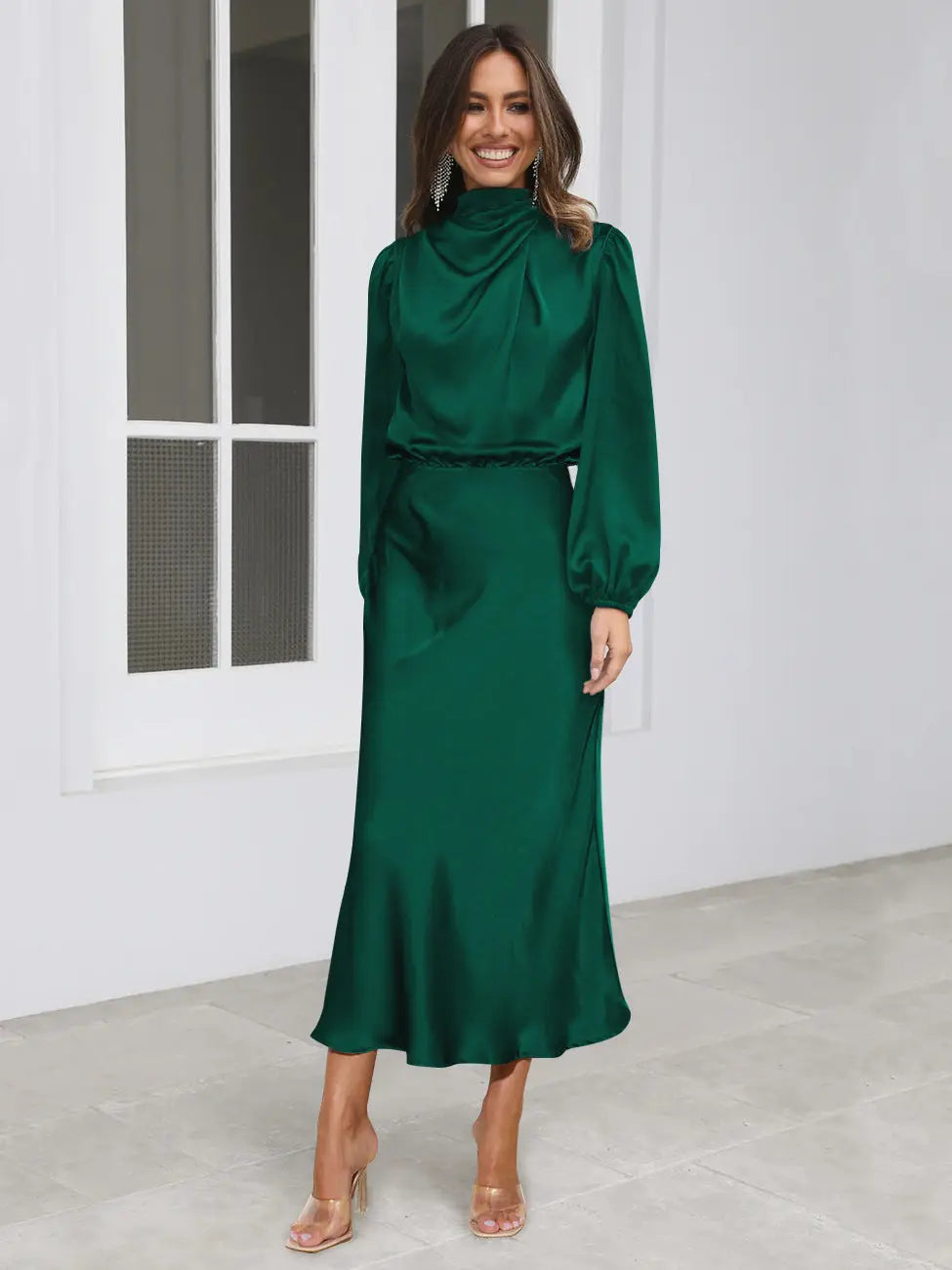 Dress Spring And Autumn Halterneck Long-sleeved Formal Dress Satin Elegant Lady Of Note Evening Dress Lady T Fashions