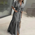 Women's Summer Casual Striped Button Down Maxi Dress Tie Waist Short Sleeve Shirt Dress With Pockets Lady T Fashions