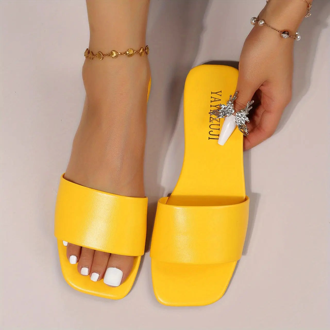 Women's Colorful Slide Sandals - Fashionable Open-Toe Flats with Ankle Strap, Faux Cover Upper & Rubber Sole, Casual Summer Shoes in Red, Green, Yellow, Blue, Brown, Black, White, Summer Footwear | Fashionable Flats | Durable Lady T Fashions