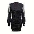 Women's Sexy Deep V-Neck Ruched Bodycon Mesh Long Sleeve Sparkling Party Cocktail Dresses Lady T Fashions