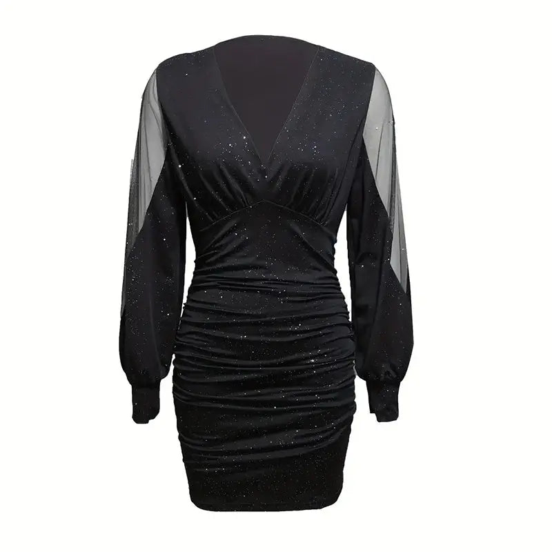 Women's Sexy Deep V-Neck Ruched Bodycon Mesh Long Sleeve Sparkling Party Cocktail Dresses Lady T Fashions